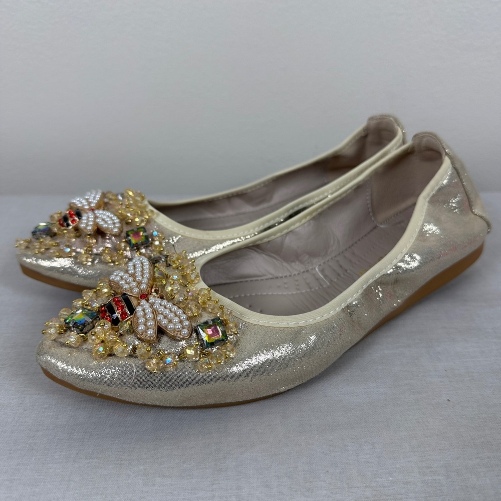 GUANSITU Women's 37 Ballet Flats Gold Rhinestone‎ Bee Pearl Pointed Toe Shimmer
